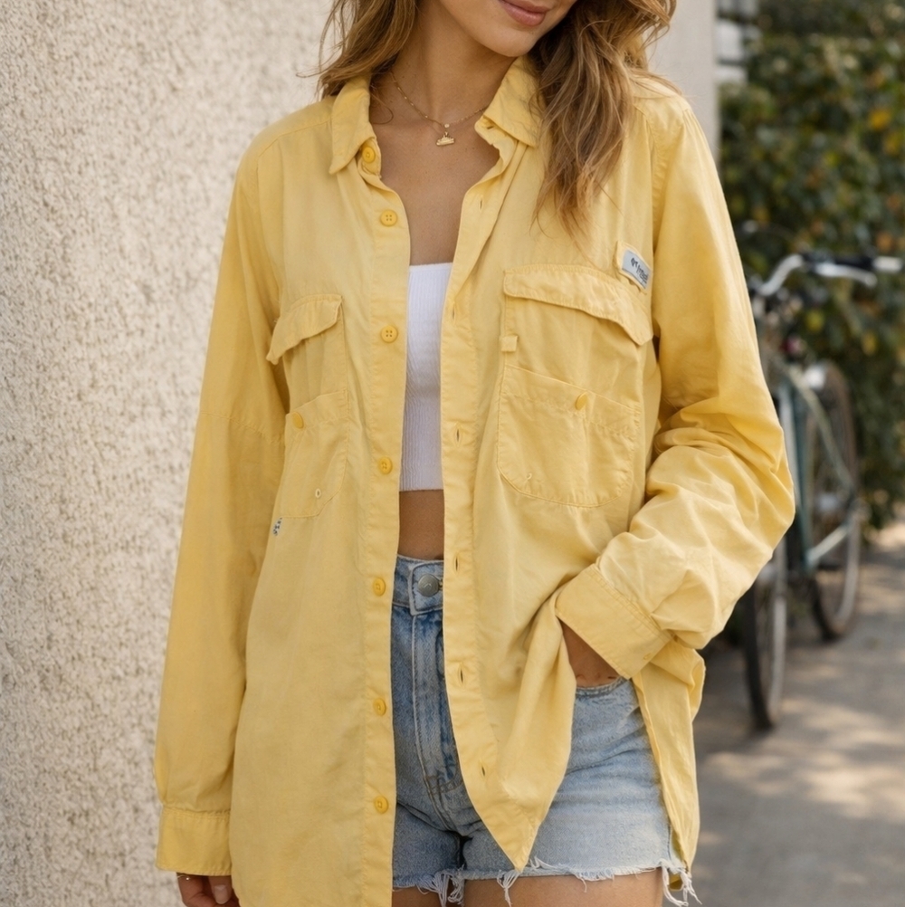 Columbia Yellow Button Down Long Sleeve Butter Mesh Lining Oversized Baggy